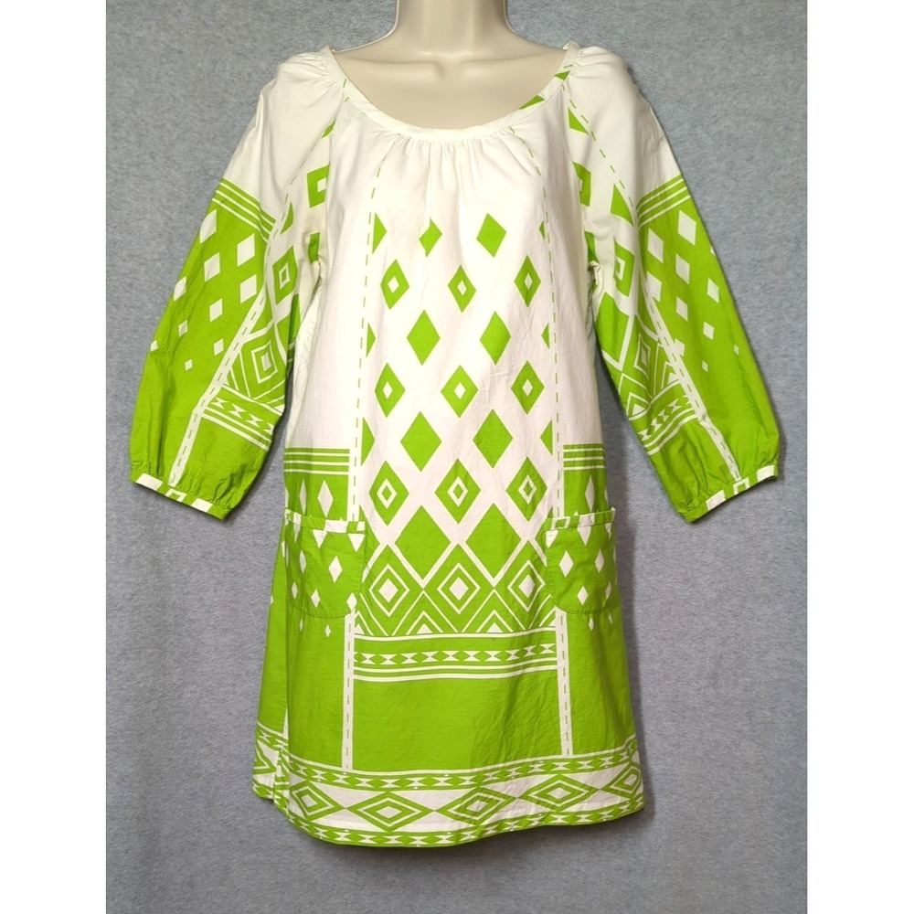 TiBi Dress 6 Casual Cotton Green White Geometric Print Easy Summer Chic Relaxed